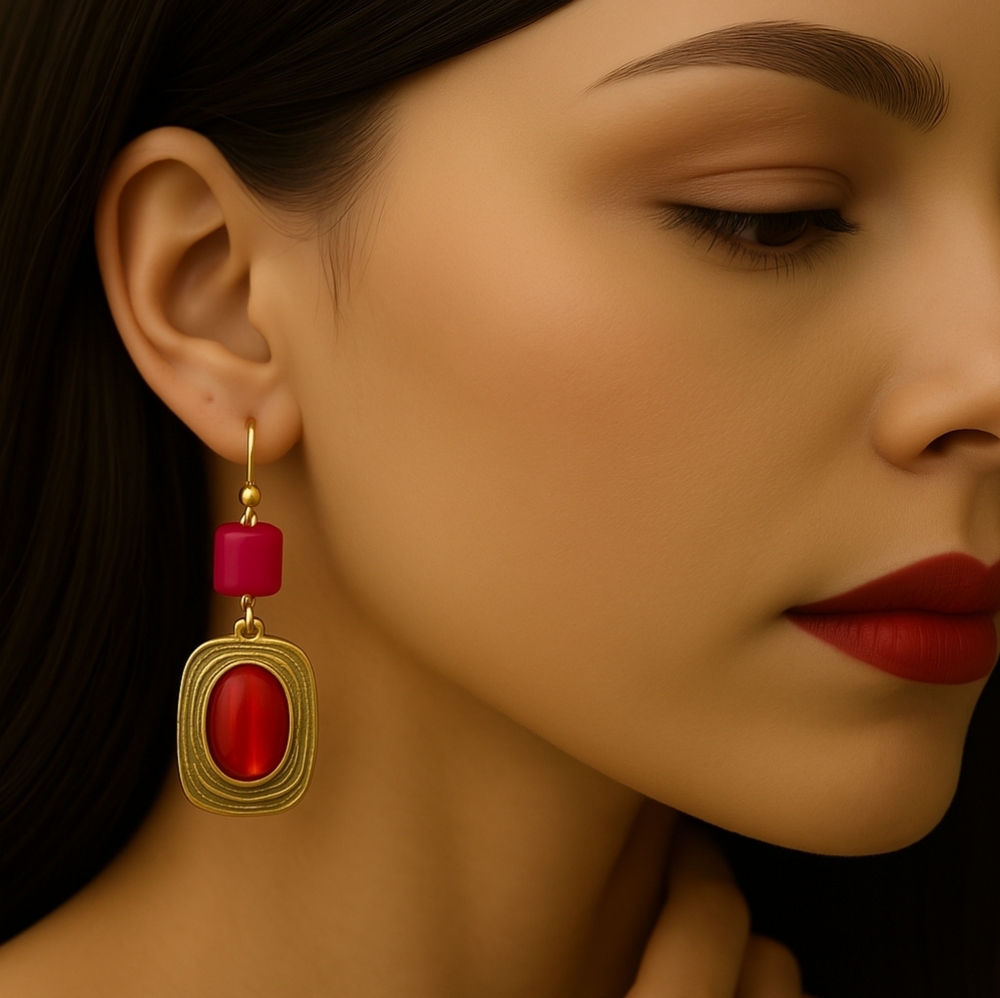 Polished Gold-Tone & Pink Bead Drop Earrings – Elegant Dangle Jewelry for Women